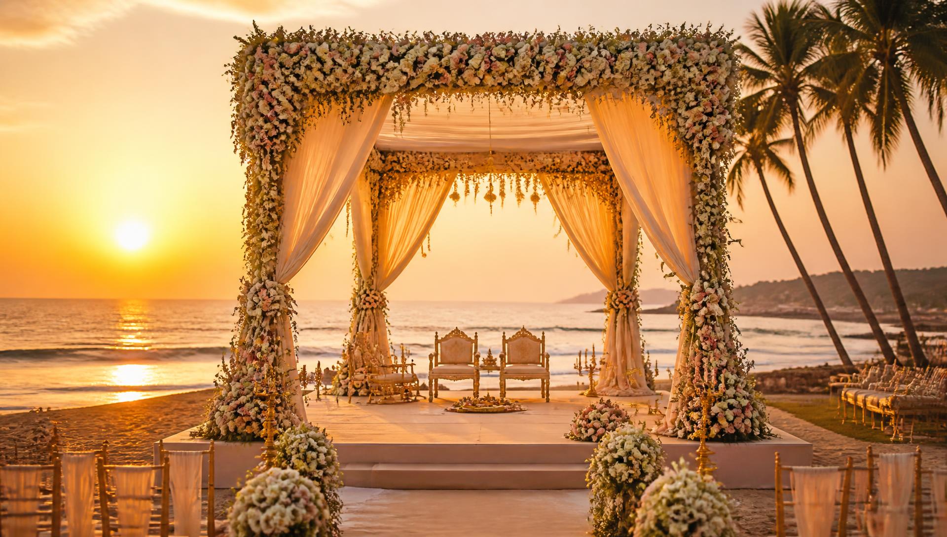Cinematic beachfront destination wedding ceremony at sunset
